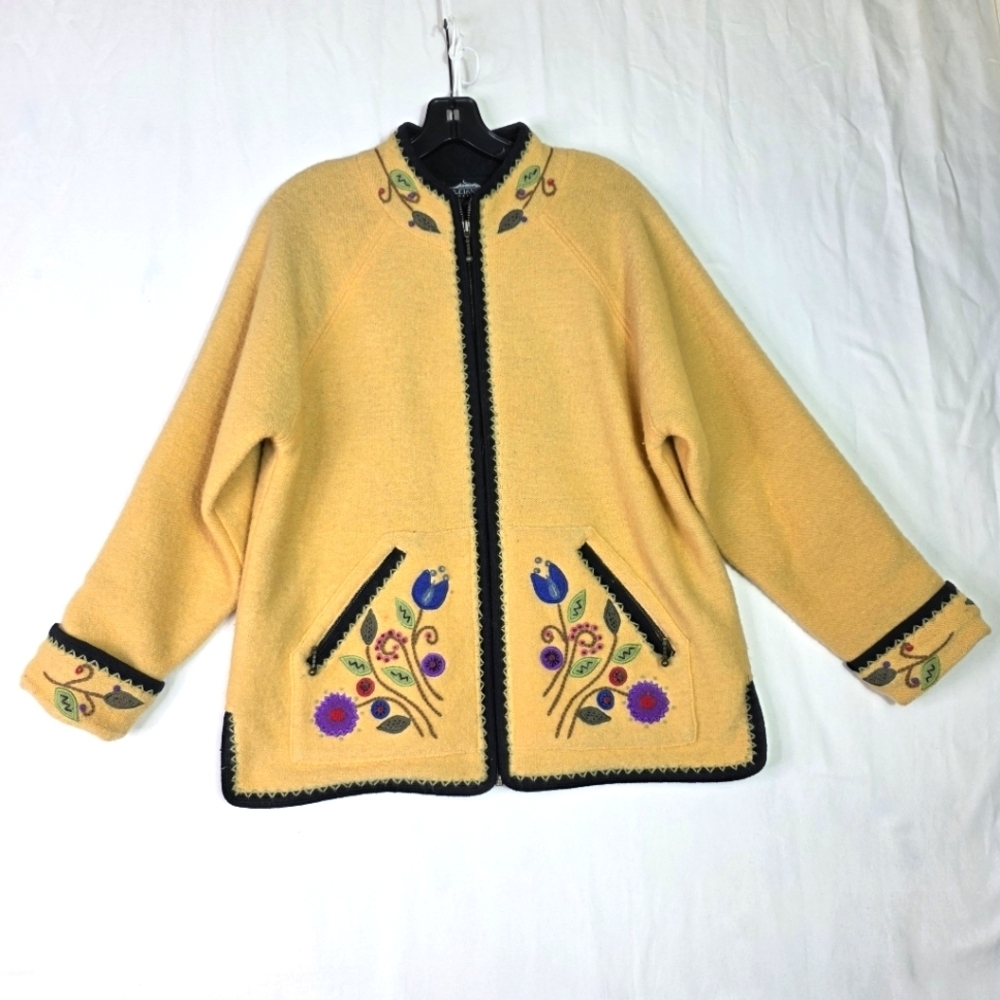 Icelandic DesignsVintage knit boiled wool embroidered Zip up Jacket